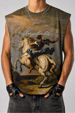 Person wearing a sleeveless shirt with a graphic design of a horse and rider, with the word 'Unforgettable'.