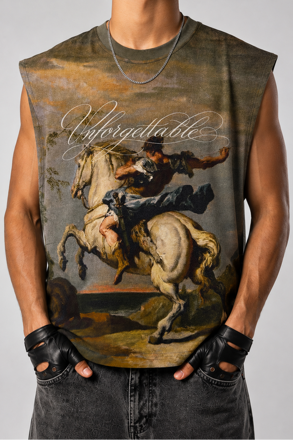 Person wearing a sleeveless shirt with a graphic design of a horse and rider, with the word 'Unforgettable'.