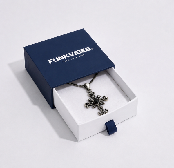 Funkvibes necklace in a branded box on a light gray background