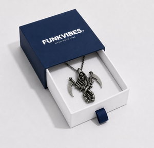 Funkvibes necklace in a branded box on a white background