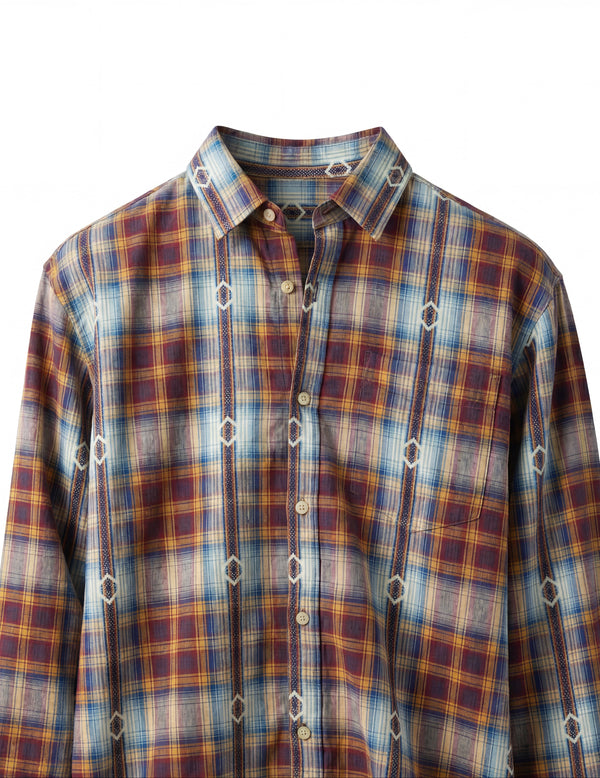 Plaid shirt with a pattern of blue, red, and yellow on a white background