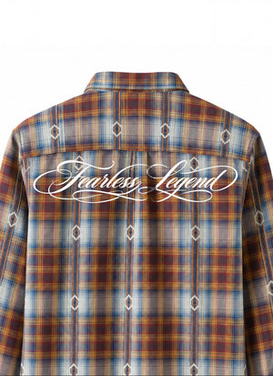 Plaid shirt with 'Fearless Legend' text on a white background
