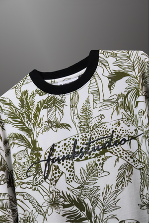 Jungle-themed shirt with leopards and foliage on a gray background