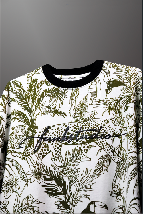 T-shirt with a jungle-themed design featuring a leopard and foliage on a gray background