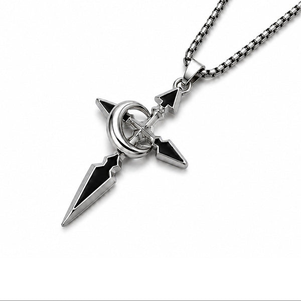 Metallic pendant necklace on a white background